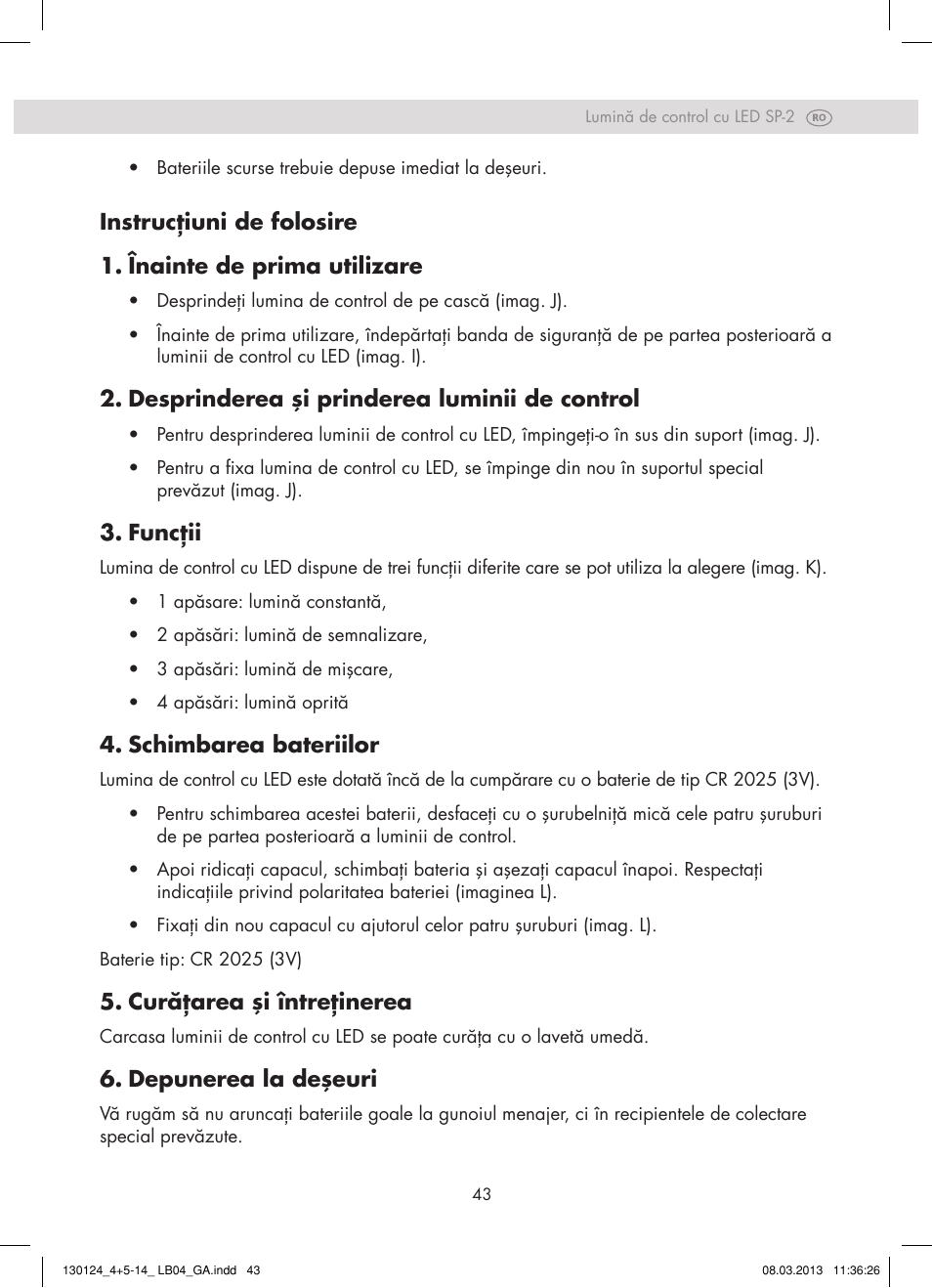 Desprinderea şi prinderea luminii de control, Funcţii, Schimbarea bateriilor | Curăţarea şi întreţinerea, Depunerea la deşeuri | Crivit SP - 33 User Manual | Page 41 / 42