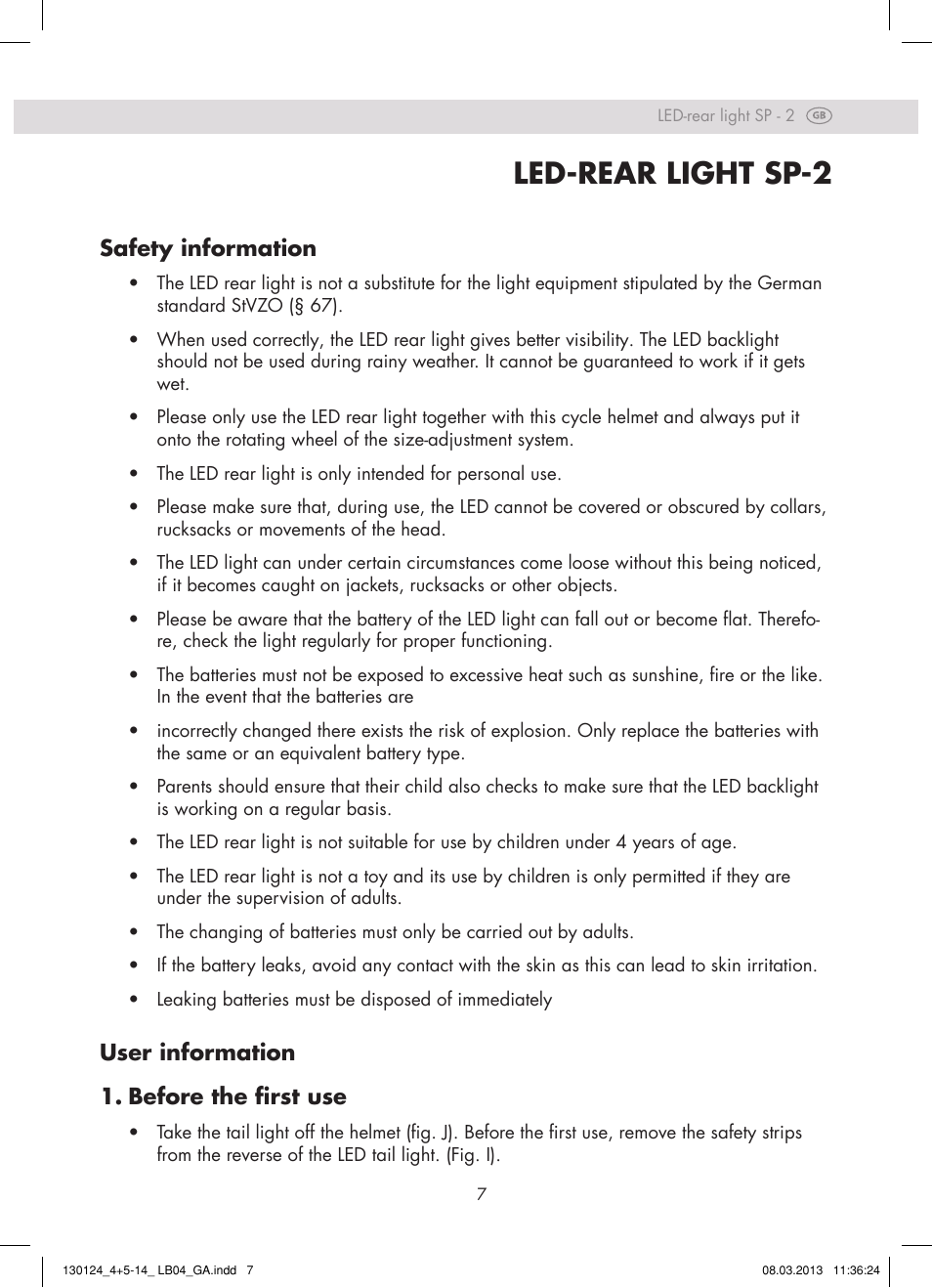 Led-rear light sp-2, Safety information, User information 1. before the first use | Crivit SP - 33 User Manual | Page 5 / 42