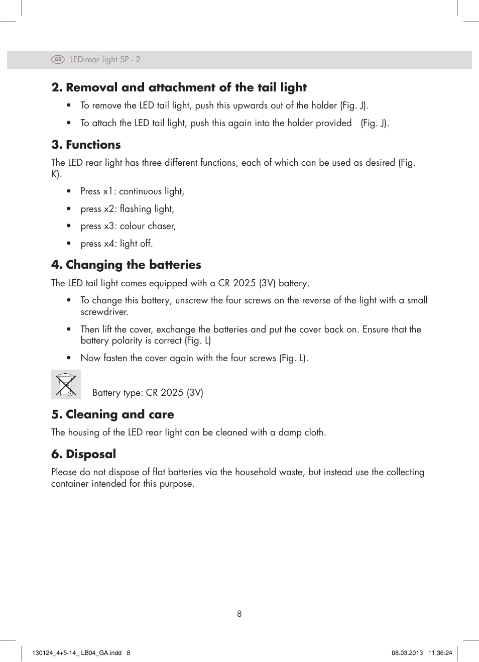 Removal and attachment of the tail light, Functions, Changing the batteries | Cleaning and care, Disposal | Crivit SP - 33 User Manual | Page 6 / 42