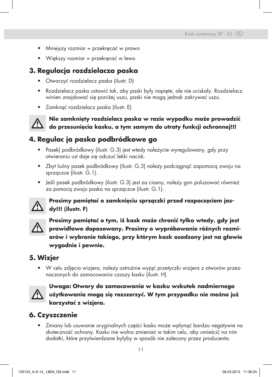 Regulacja rozdzielacza paska, Regulac ja paska podbródkowe go, Wizjer | Czyszczenie | Crivit SP - 33 User Manual | Page 9 / 42