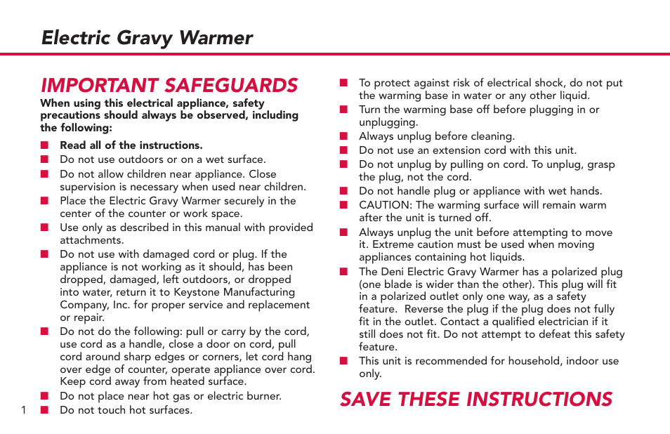 Electric gravy warmer, Save these instructions important safeguards | Deni 15500 User Manual | Page 2 / 4