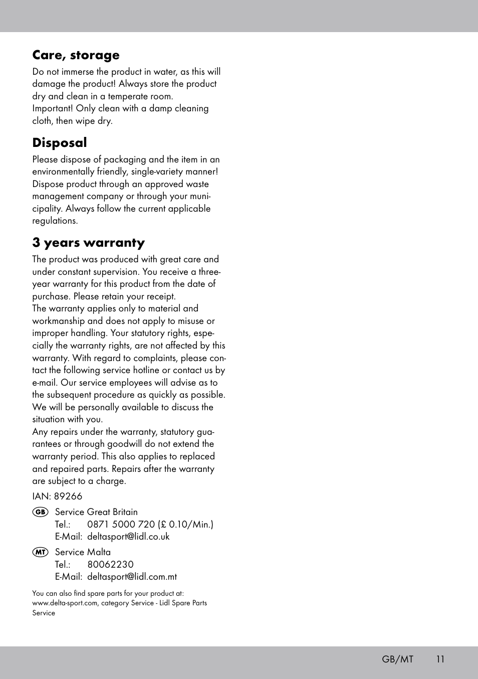 Care, storage, Disposal, 3 years warranty | Crivit SP-1619 User Manual | Page 11 / 16