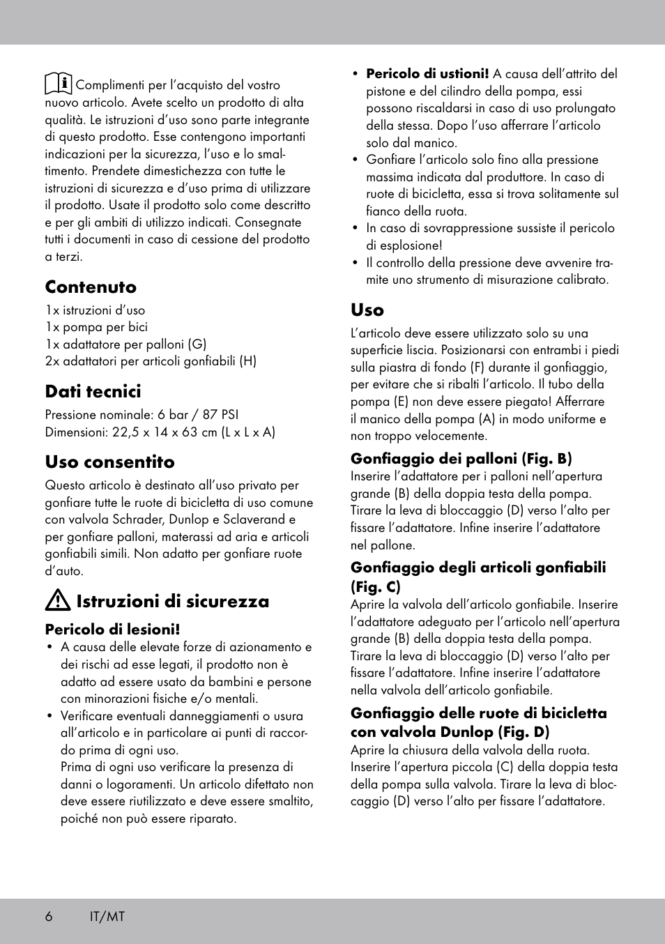 Contenuto, Dati tecnici, Uso consentito | Istruzioni di sicurezza | Crivit SP-1619 User Manual | Page 6 / 16