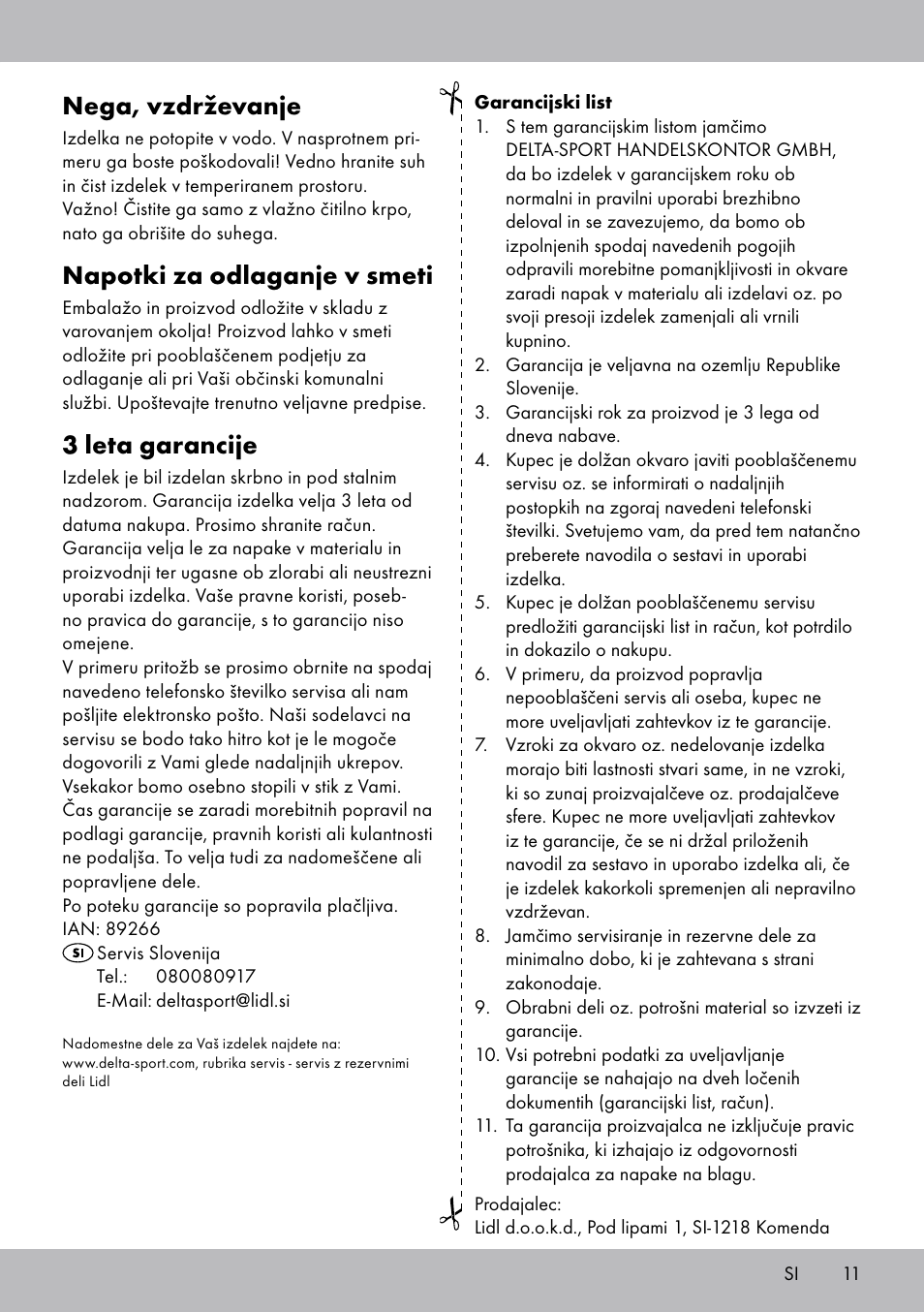 Nega, vzdrževanje, Napotki za odlaganje v smeti, 3 leta garancije | Crivit SP-1619 User Manual | Page 11 / 20