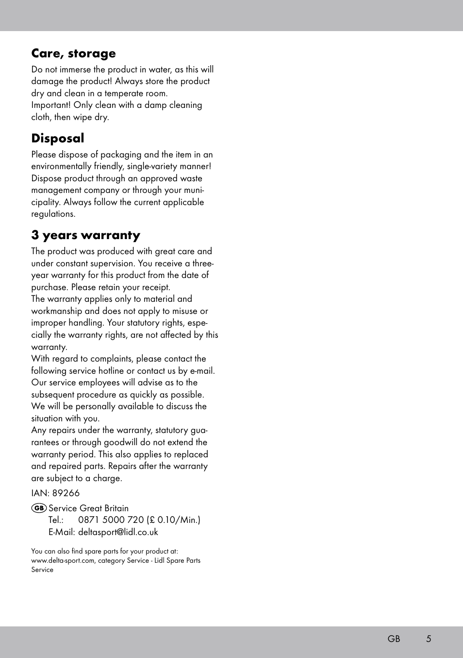 Care, storage, Disposal, 3 years warranty | Crivit SP-1619 User Manual | Page 5 / 20