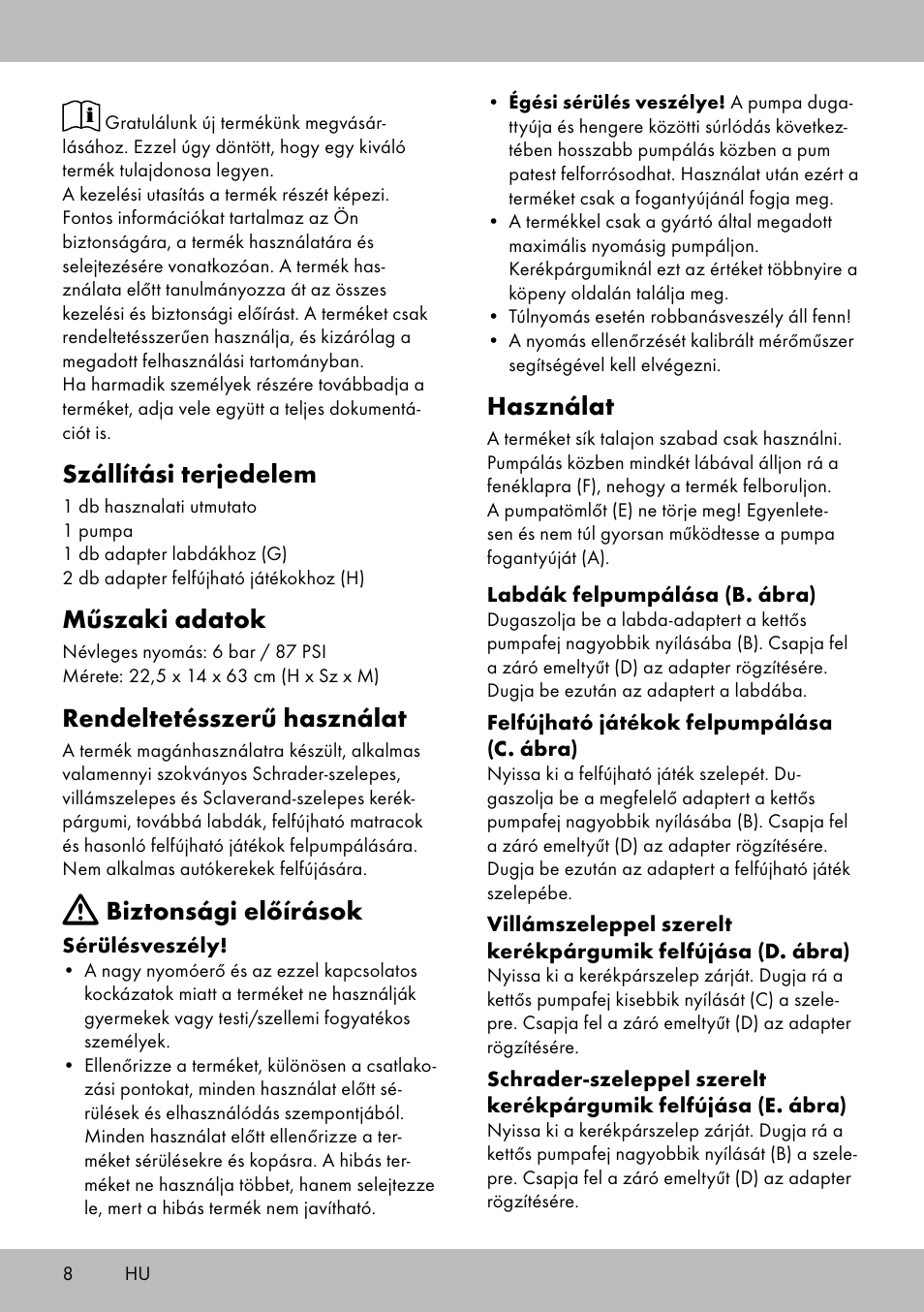 Szállítási terjedelem, Műszaki adatok, Rendeltetésszerű használat | Biztonsági előírások, Használat | Crivit SP-1619 User Manual | Page 8 / 20