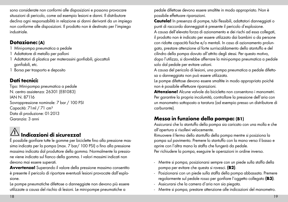Dotazione, Dati tecnici, Indicazioni di sicurezza | Messa in funzione della pompa | Crivit Mini Foot Pump User Manual | Page 10 / 19