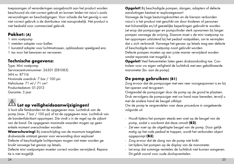 Pakket, Technische gegevens, Let op veiligheidsaanwijzigingen | De pomp gebruiken | Crivit Mini Foot Pump User Manual | Page 13 / 19