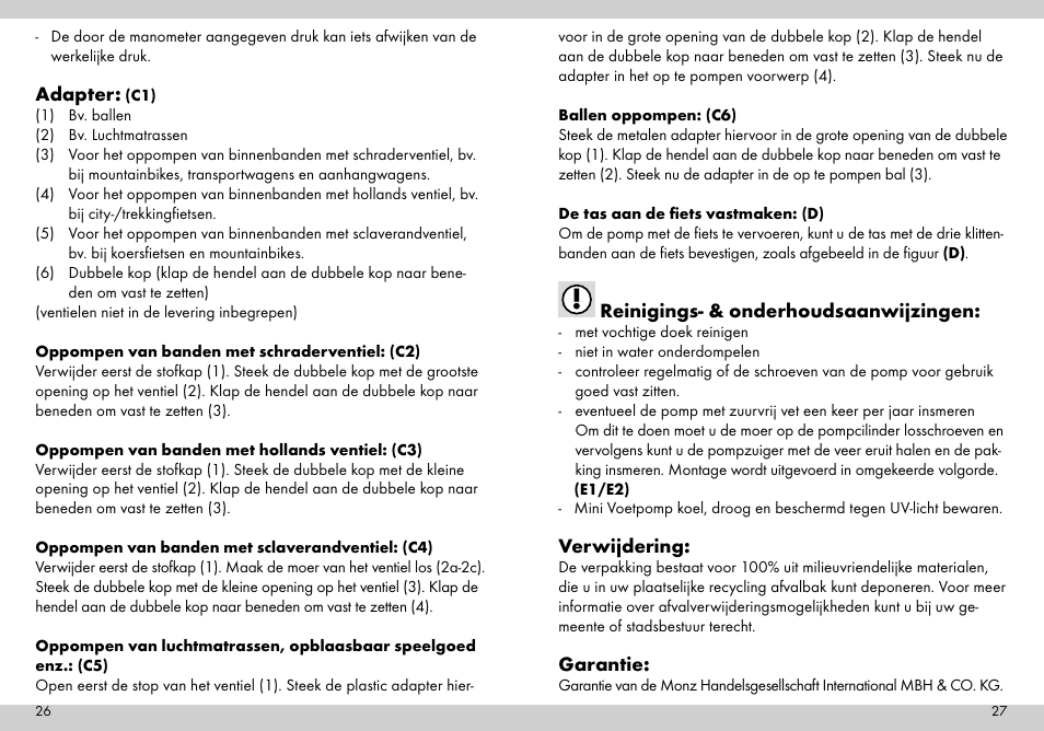 Adapter, Reinigings- & onderhoudsaanwijzingen, Verwijdering | Garantie | Crivit Mini Foot Pump User Manual | Page 14 / 19
