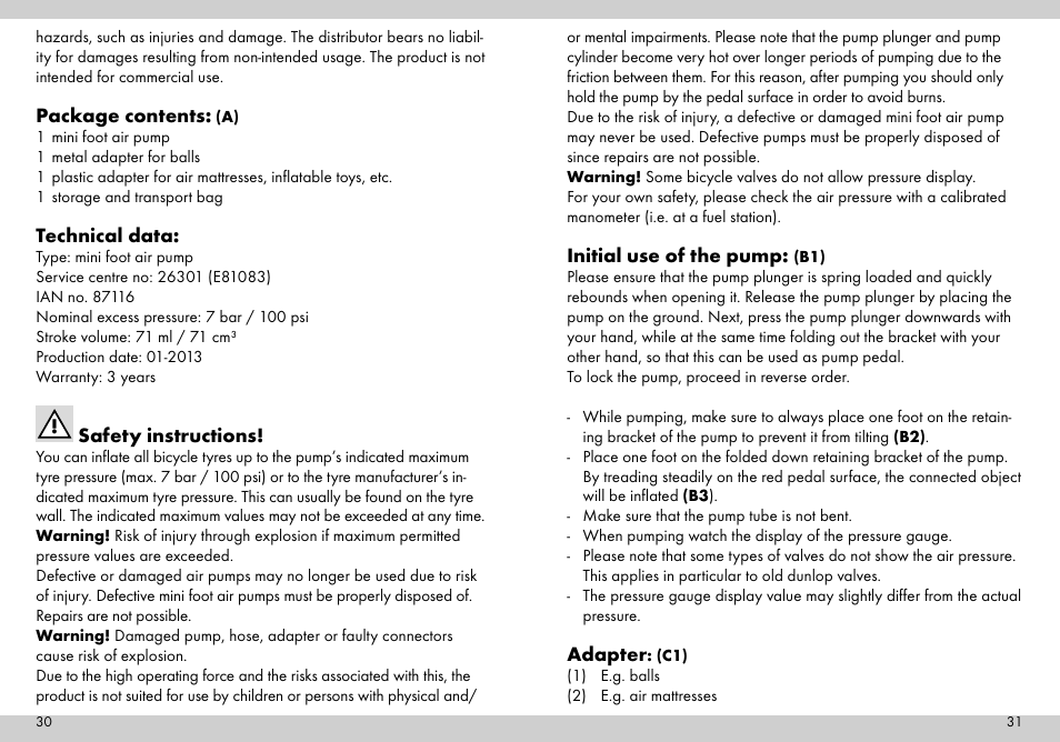 Package contents, Technical data, Safety instructions | Initial use of the pump, Adapter | Crivit Mini Foot Pump User Manual | Page 16 / 19
