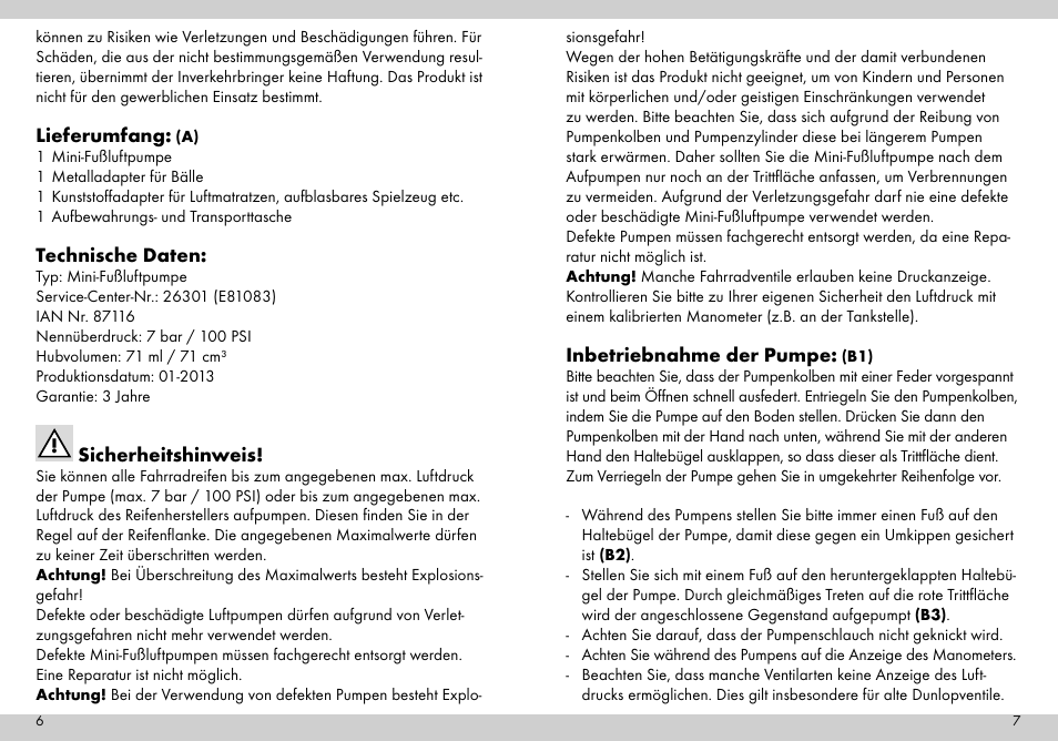 Lieferumfang, Technische daten, Sicherheitshinweis | Inbetriebnahme der pumpe | Crivit Mini Foot Pump User Manual | Page 4 / 19