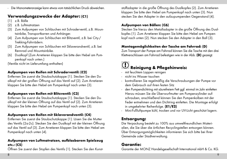Verwendungszwecke der adapter, Reinigung & pflegehinweis, Entsorgung | Garantie | Crivit Mini Foot Pump User Manual | Page 5 / 19