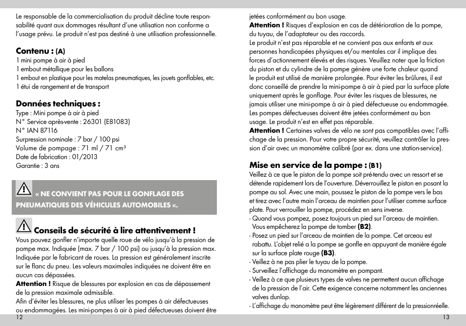 Contenu, Données techniques, Conseils de sécurité à lire attentivement | Mise en service de la pompe | Crivit Mini Foot Pump User Manual | Page 7 / 19