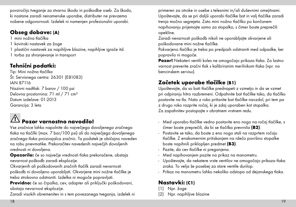 Obseg dobave, Tehnični podatki, Pozor varnostno navodilo | Začetek uporabe tlačilke, Nastavki | Crivit Mini Foot Pump User Manual | Page 10 / 25