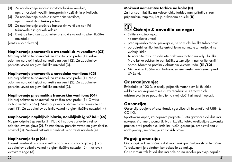 Čiščenje & navodila za nego, Odstranjevanje, Garancija | Pogoji garancije | Crivit Mini Foot Pump User Manual | Page 11 / 25