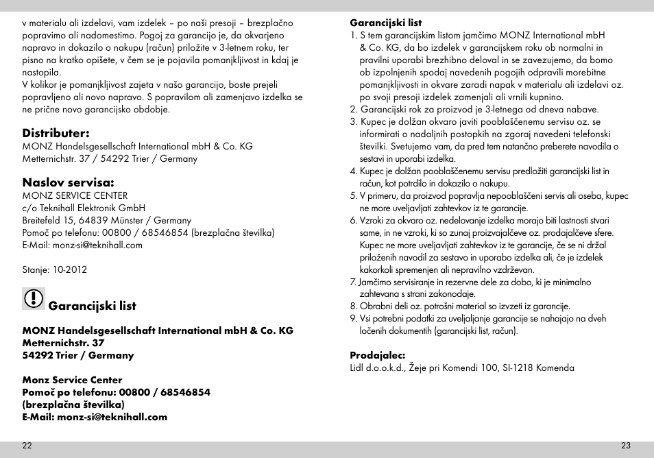 Distributer, Naslov servisa, Garancijski list | Crivit Mini Foot Pump User Manual | Page 12 / 25