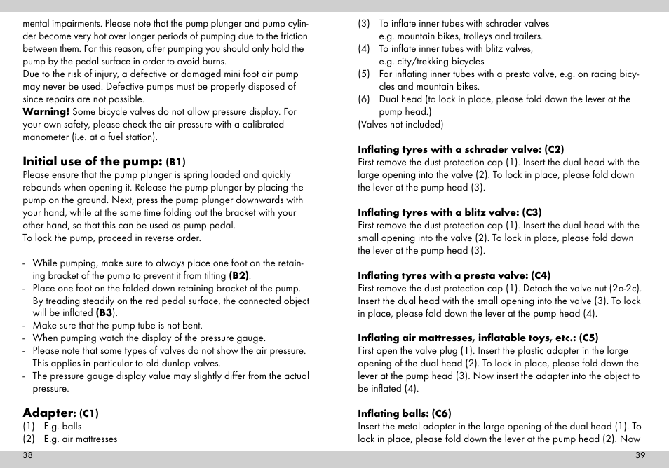 Initial use of the pump, Adapter | Crivit Mini Foot Pump User Manual | Page 20 / 25