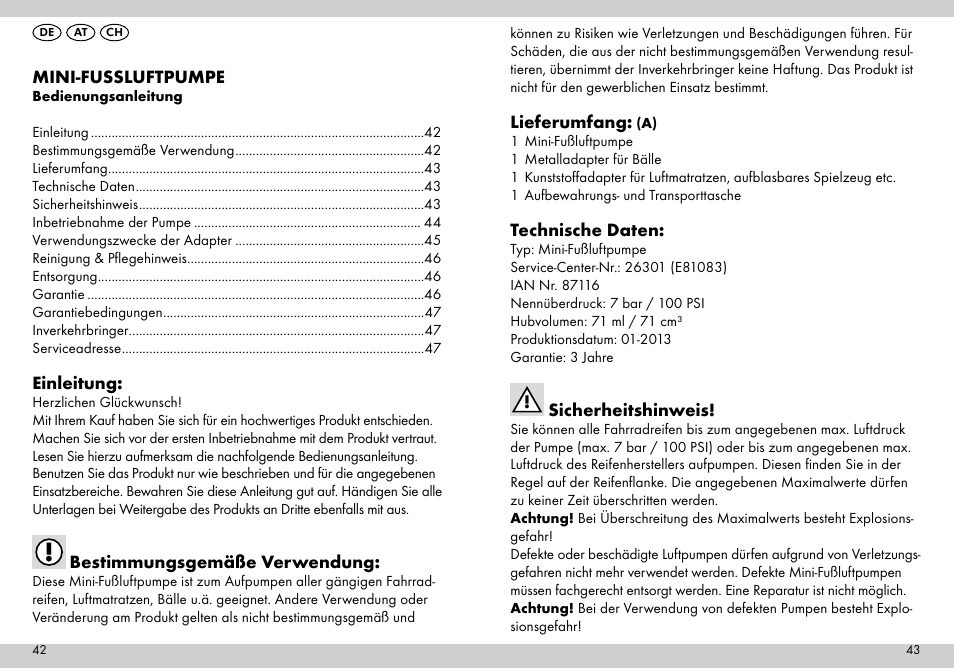 Mini-fussluftpumpe, Einleitung, Bestimmungsgemäße verwendung | Lieferumfang, Technische daten, Sicherheitshinweis | Crivit Mini Foot Pump User Manual | Page 22 / 25