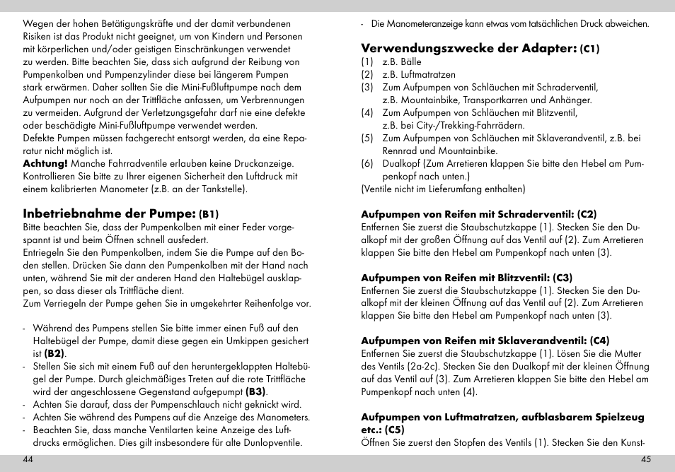 Inbetriebnahme der pumpe, Verwendungszwecke der adapter | Crivit Mini Foot Pump User Manual | Page 23 / 25