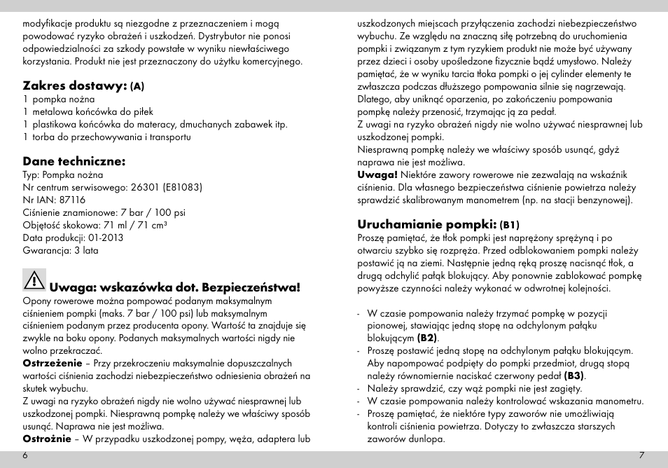 Zakres dostawy, Dane techniczne, Uwaga: wskazówka dot. bezpieczeństwa | Uruchamianie pompki | Crivit Mini Foot Pump User Manual | Page 4 / 25