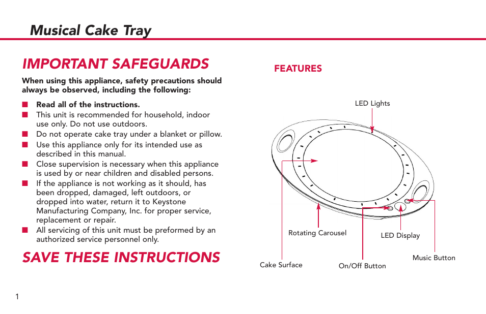 Musical cake tray important safeguards, Save these instructions | Deni 4100 User Manual | Page 2 / 4