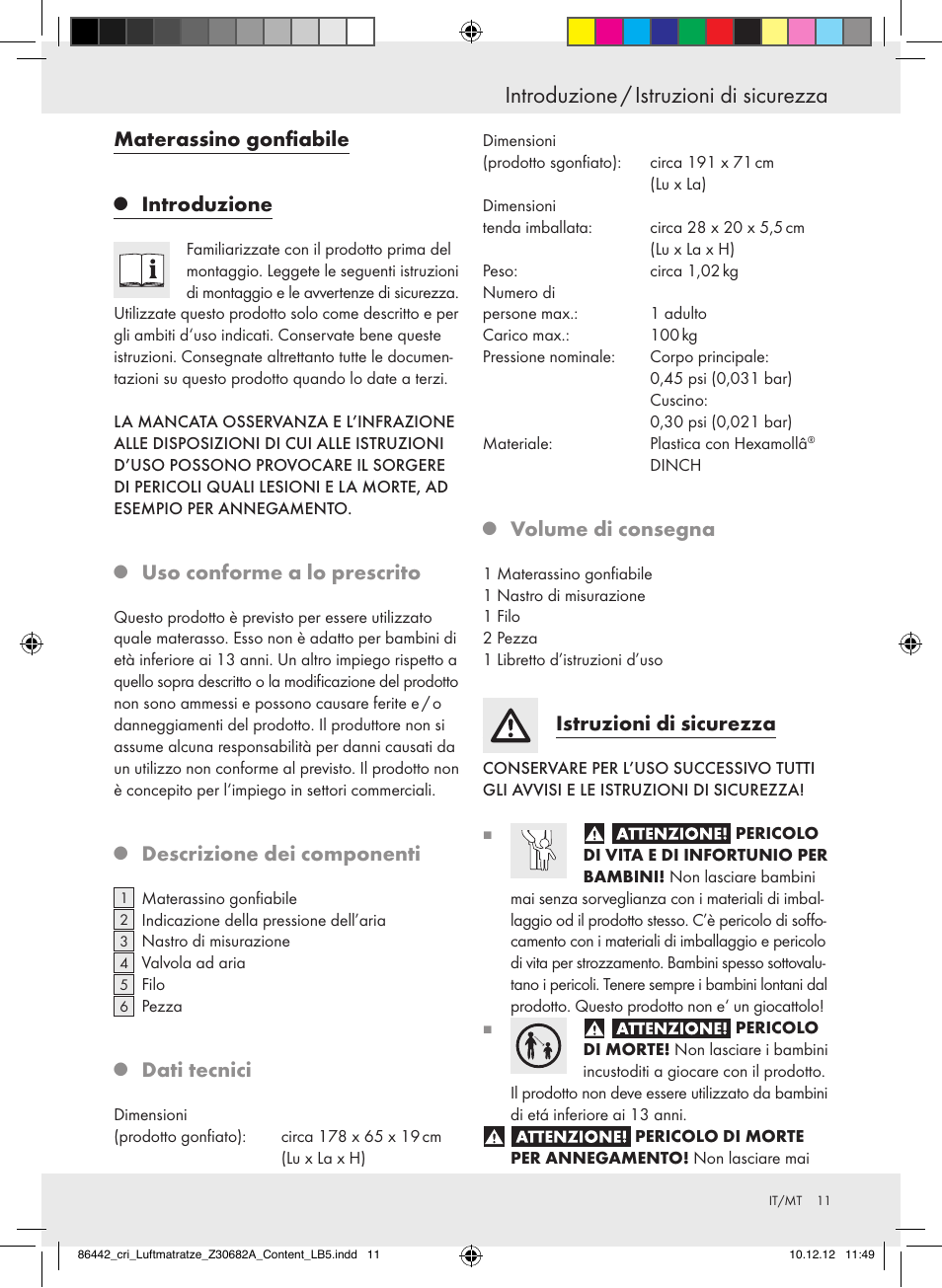 Introduzione / istruzioni di sicurezza, Materassino gonfiabile, Introduzione | Uso conforme a lo prescrito, Descrizione dei componenti, Dati tecnici, Volume di consegna, Istruzioni di sicurezza | Crivit Z30682A User Manual | Page 11 / 34