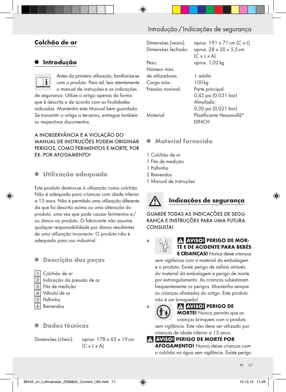 Introdução / indicações de segurança, Colchão de ar, Introdução | Utilização adequada, Descrição das peças, Dados técnicos, Material fornecido, Indicações de segurança | Crivit Z30682A User Manual | Page 17 / 34