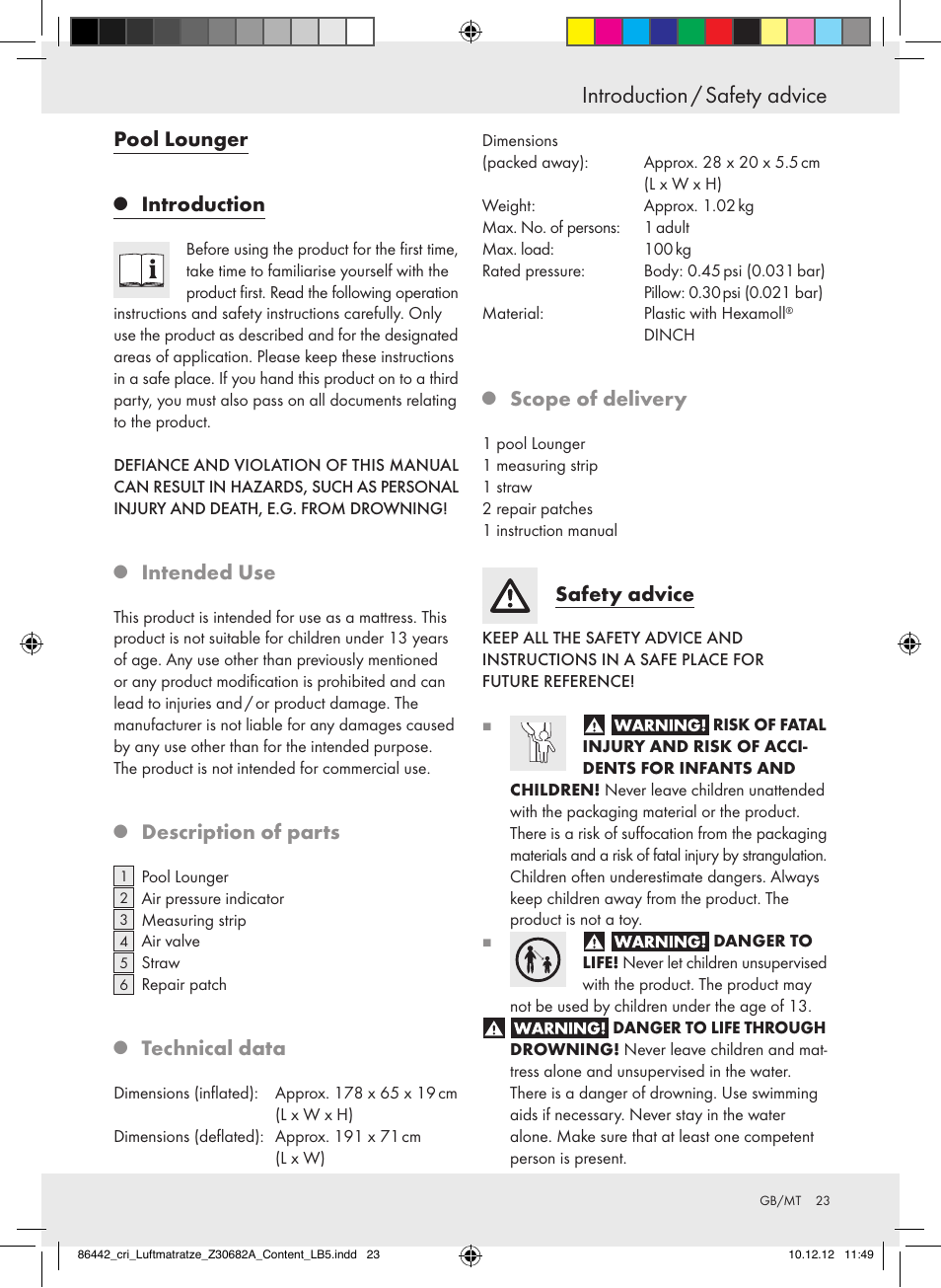 Introduction / safety advice, Pool lounger, Introduction | Intended use, Description of parts, Technical data, Scope of delivery, Safety advice | Crivit Z30682A User Manual | Page 23 / 34