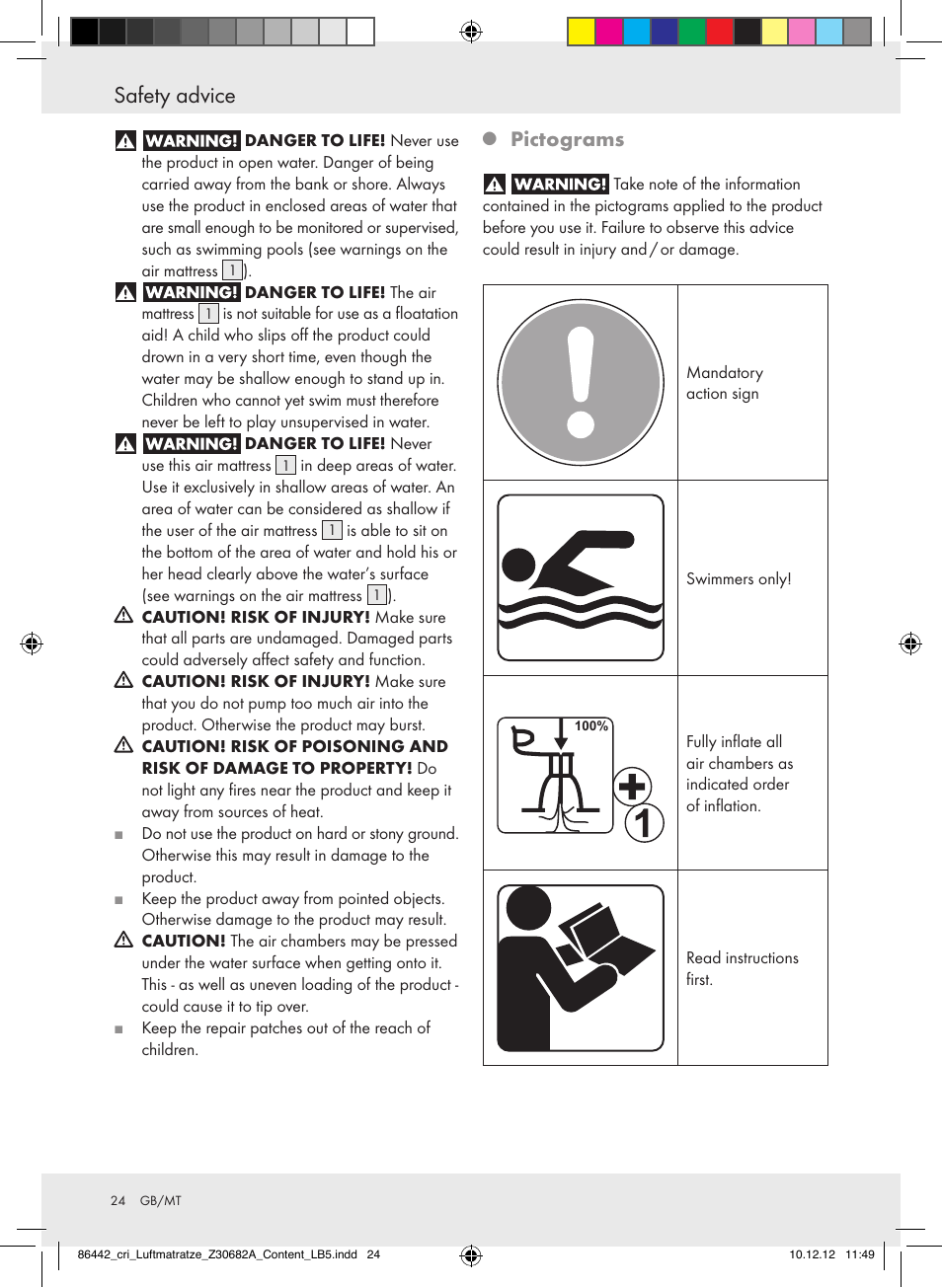 Safety advice, Pictograms | Crivit Z30682A User Manual | Page 24 / 34