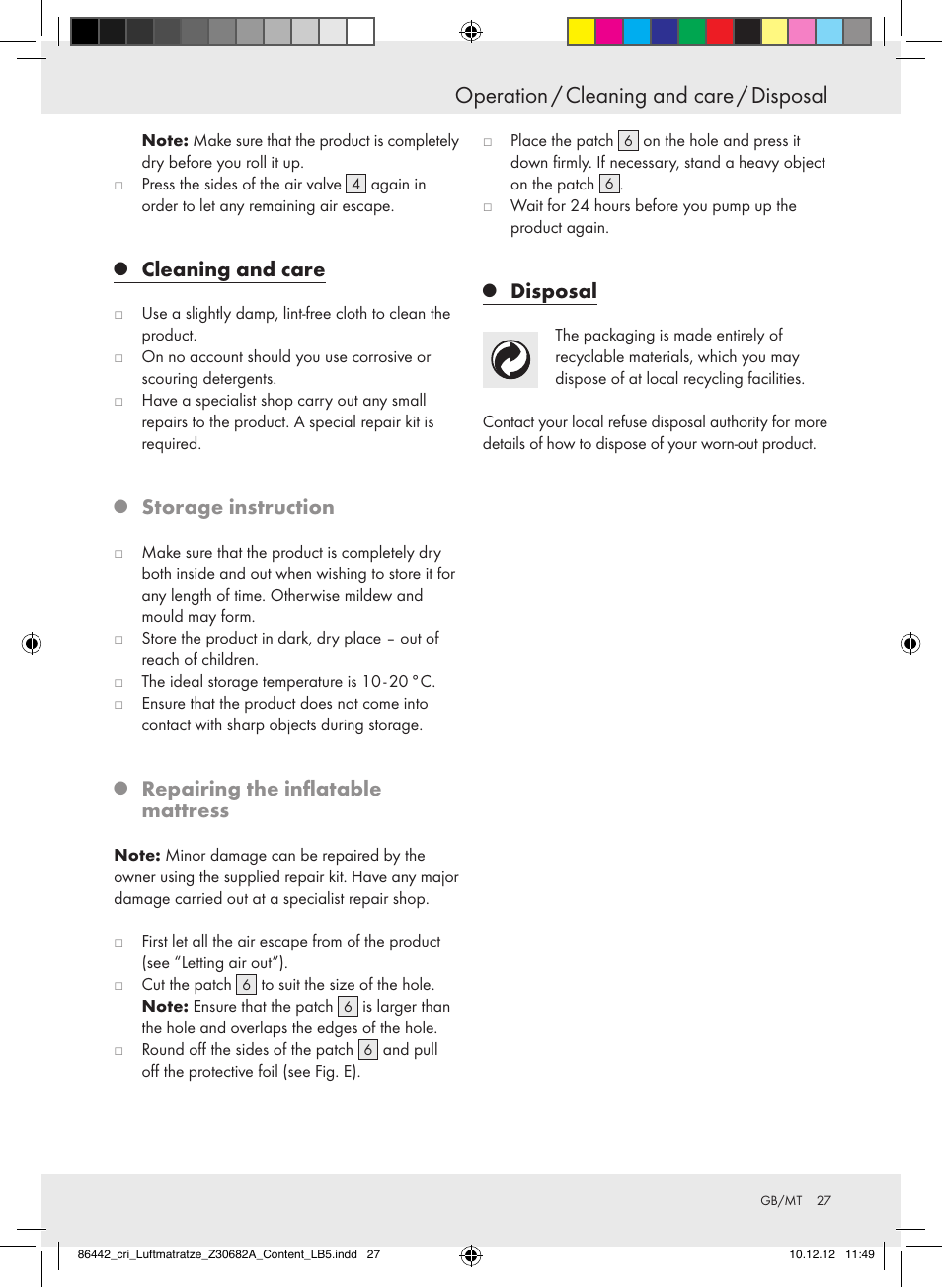 Operation / cleaning and care / disposal, Cleaning and care, Storage instruction | Repairing the inflatable mattress, Disposal | Crivit Z30682A User Manual | Page 27 / 34