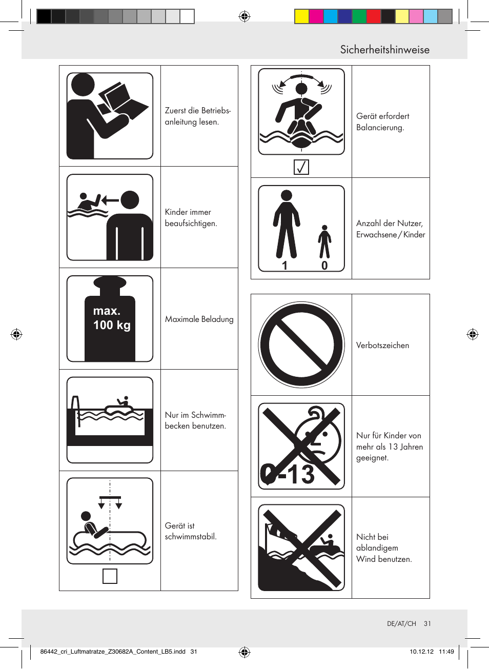 Sicherheitshinweise, Max. 100 kg | Crivit Z30682A User Manual | Page 31 / 34