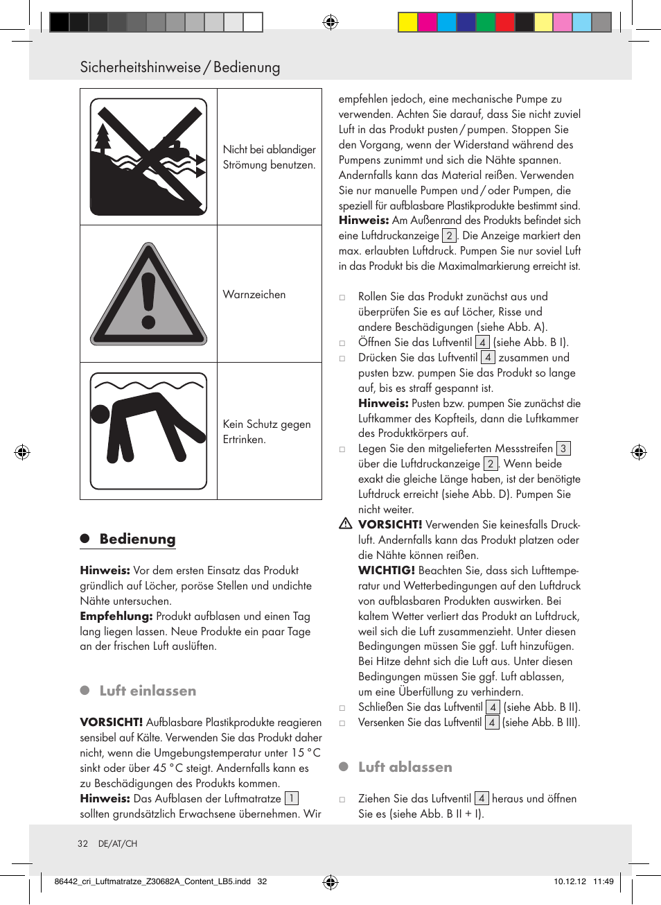 Sicherheitshinweise / bedienung, Bedienung, Luft einlassen | Luft ablassen | Crivit Z30682A User Manual | Page 32 / 34