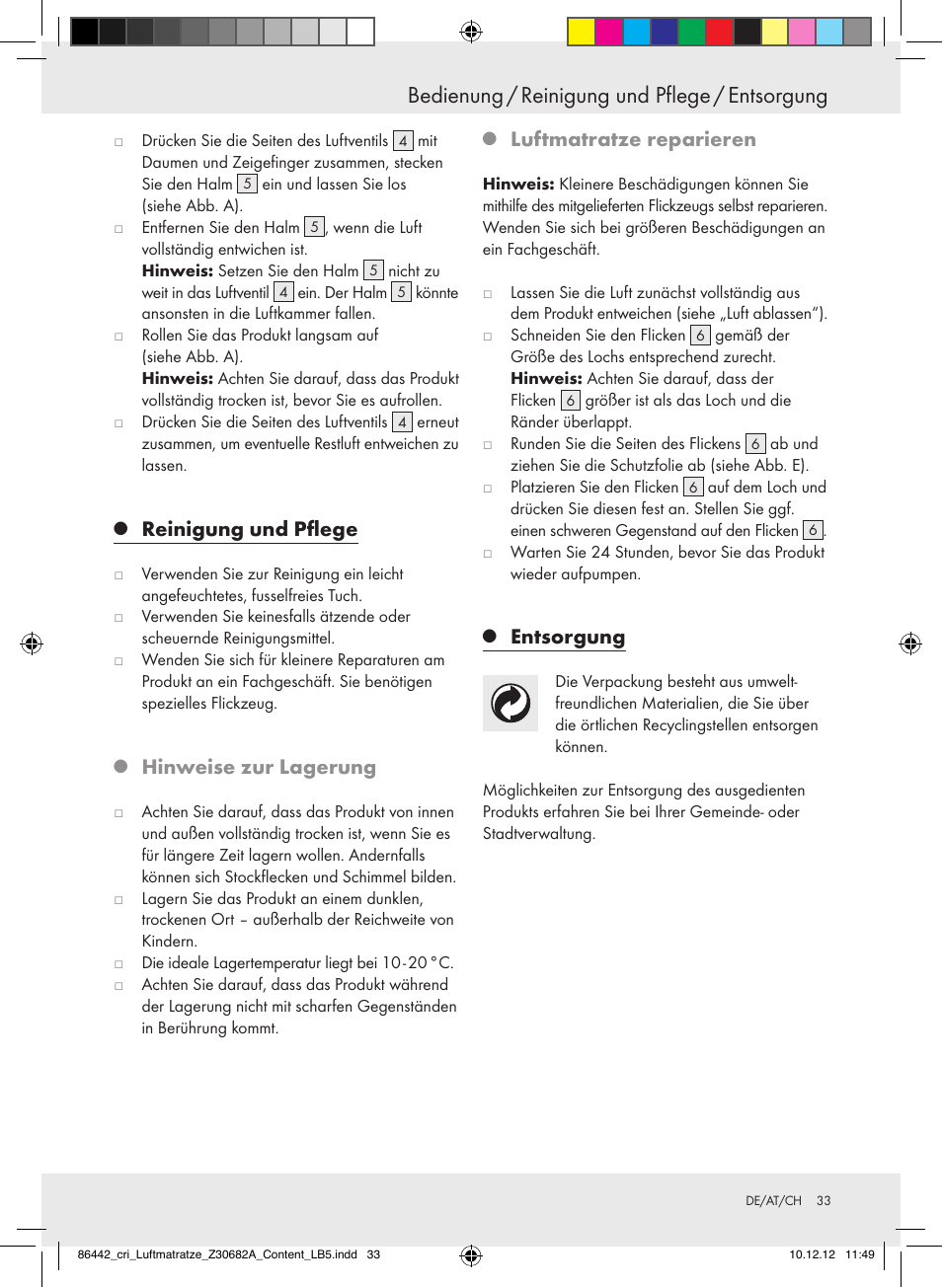 Bedienung / reinigung und pflege / entsorgung, Reinigung und pflege, Hinweise zur lagerung | Luftmatratze reparieren, Entsorgung | Crivit Z30682A User Manual | Page 33 / 34