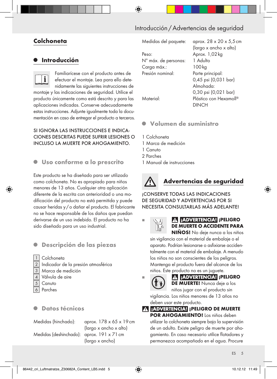 Introducción / advertencias de seguridad, Colchoneta, Introducción | Uso conforme a lo prescrito, Descripción de las piezas, Datos técnicos, Volumen de suministro, Advertencias de seguridad | Crivit Z30682A User Manual | Page 5 / 34