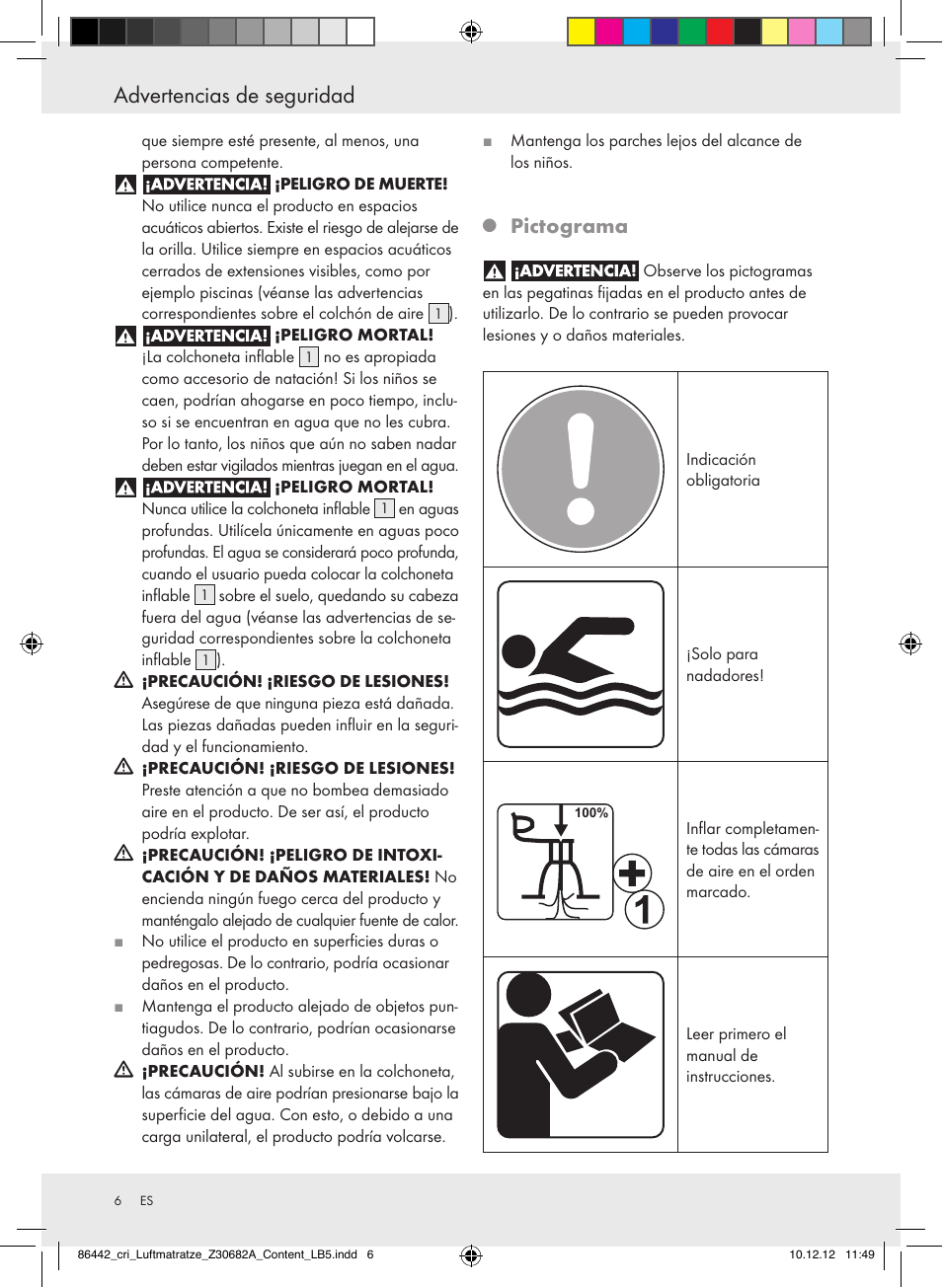 Advertencias de seguridad, Pictograma | Crivit Z30682A User Manual | Page 6 / 34