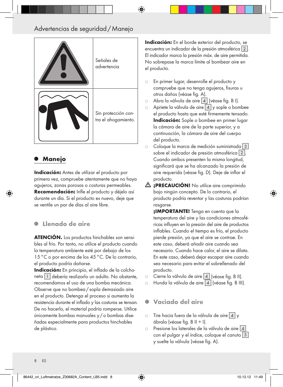 Advertencias de seguridad / manejo, Manejo, Llenado de aire | Vaciado del aire | Crivit Z30682A User Manual | Page 8 / 34