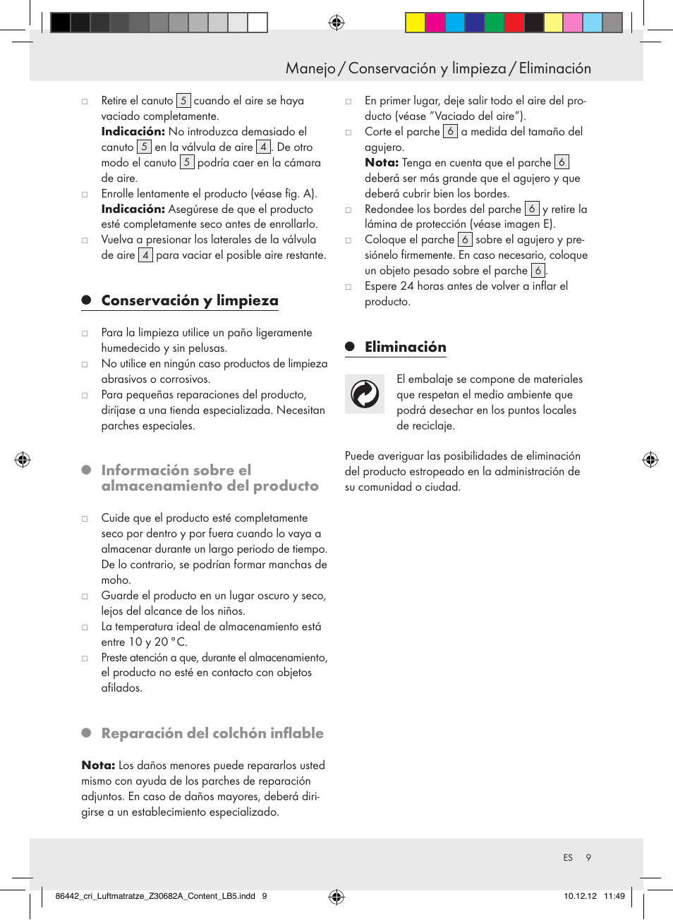 Manejo / conservación y limpieza / eliminación, Conservación y limpieza, Información sobre el almacenamiento del producto | Reparación del colchón inflable, Eliminación | Crivit Z30682A User Manual | Page 9 / 34