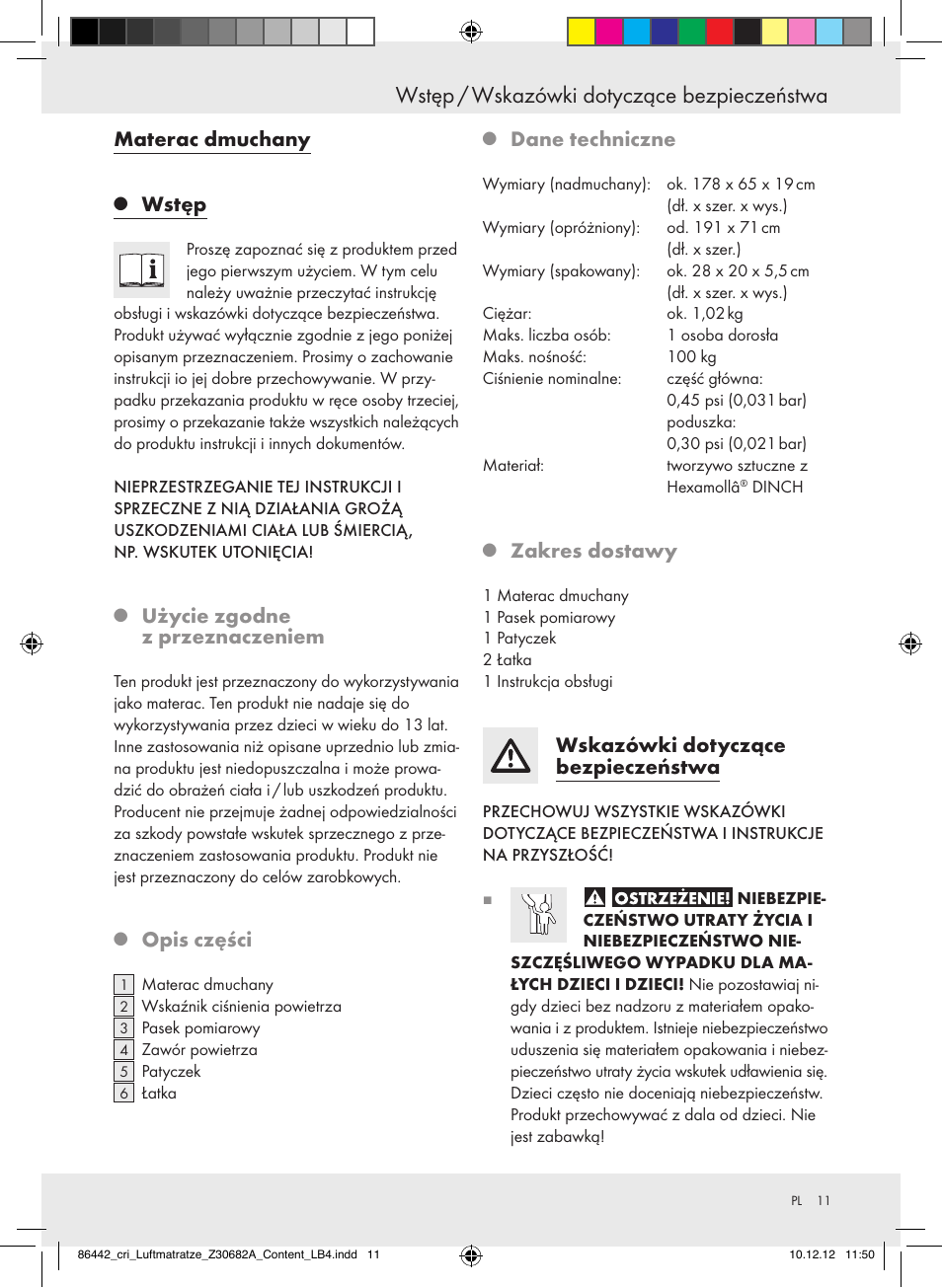 Wstęp / wskazówki dotyczące bezpieczeństwa, Materac dmuchany, Wstęp | Użycie zgodne z przeznaczeniem, Opis części, Dane techniczne, Zakres dostawy, Wskazówki dotyczące bezpieczeństwa | Crivit Z30682A User Manual | Page 11 / 46