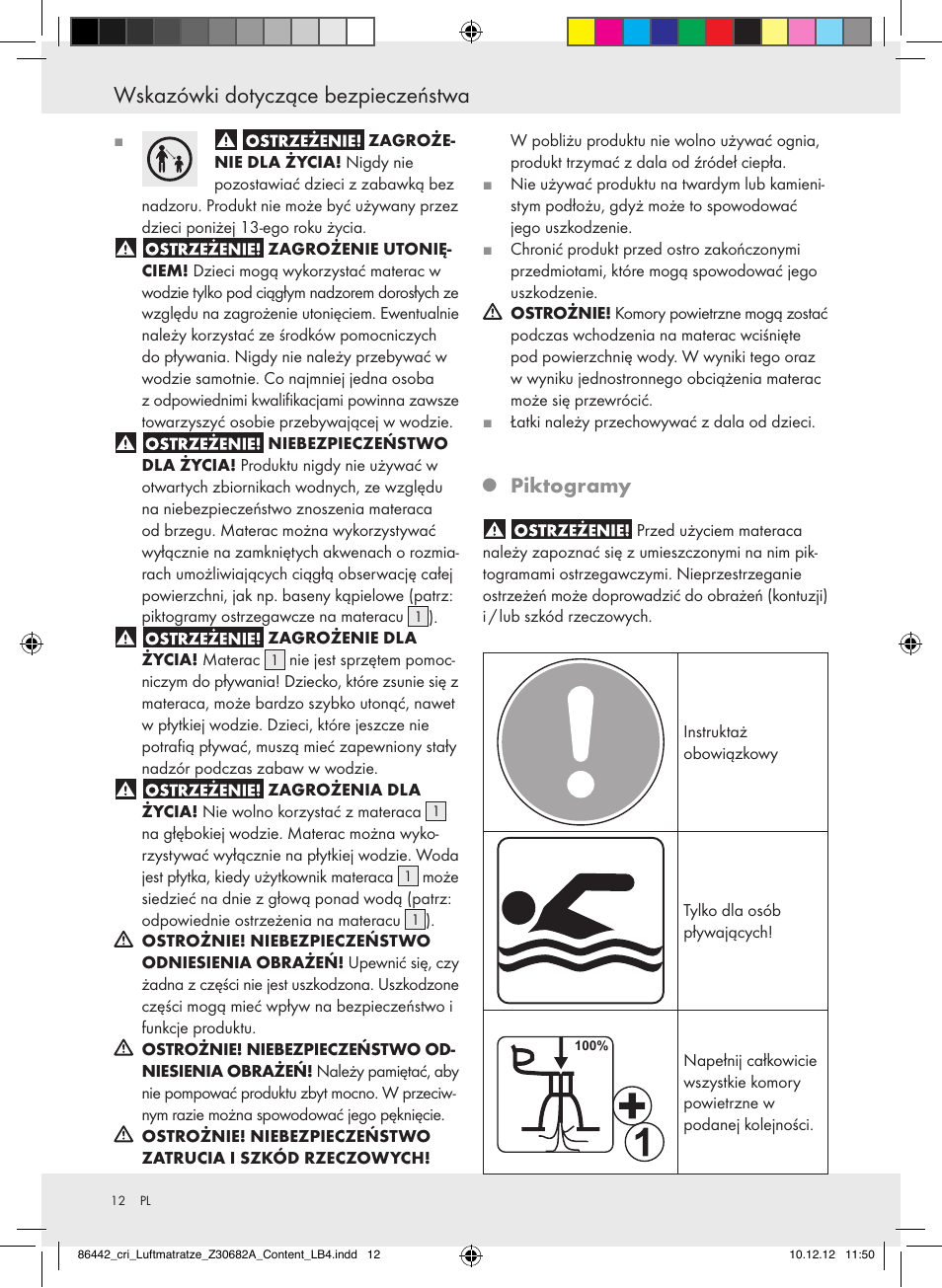 Wskazówki dotyczące bezpieczeństwa, Piktogramy | Crivit Z30682A User Manual | Page 12 / 46