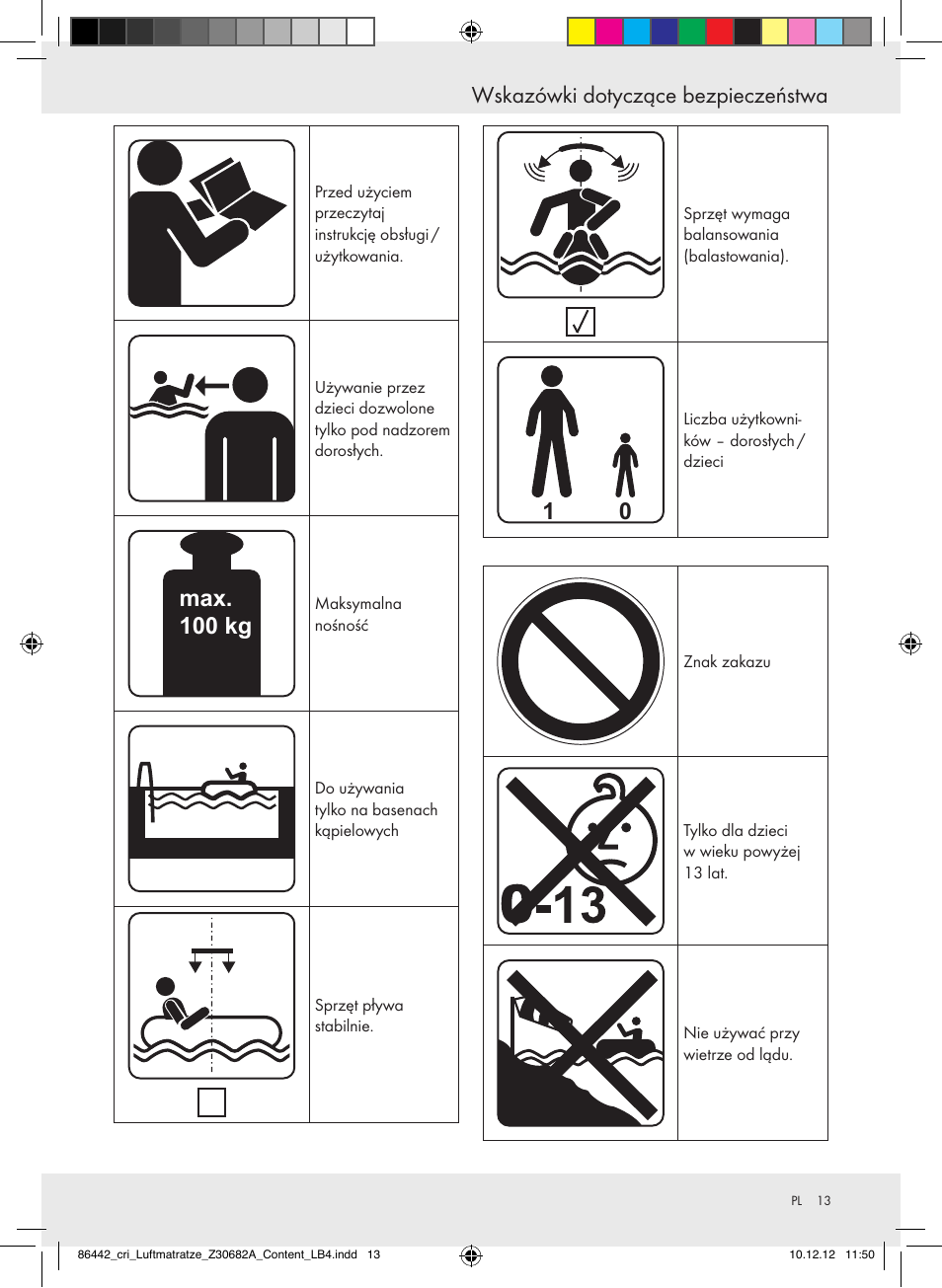 Wskazówki dotyczące bezpieczeństwa, Max. 100 kg | Crivit Z30682A User Manual | Page 13 / 46