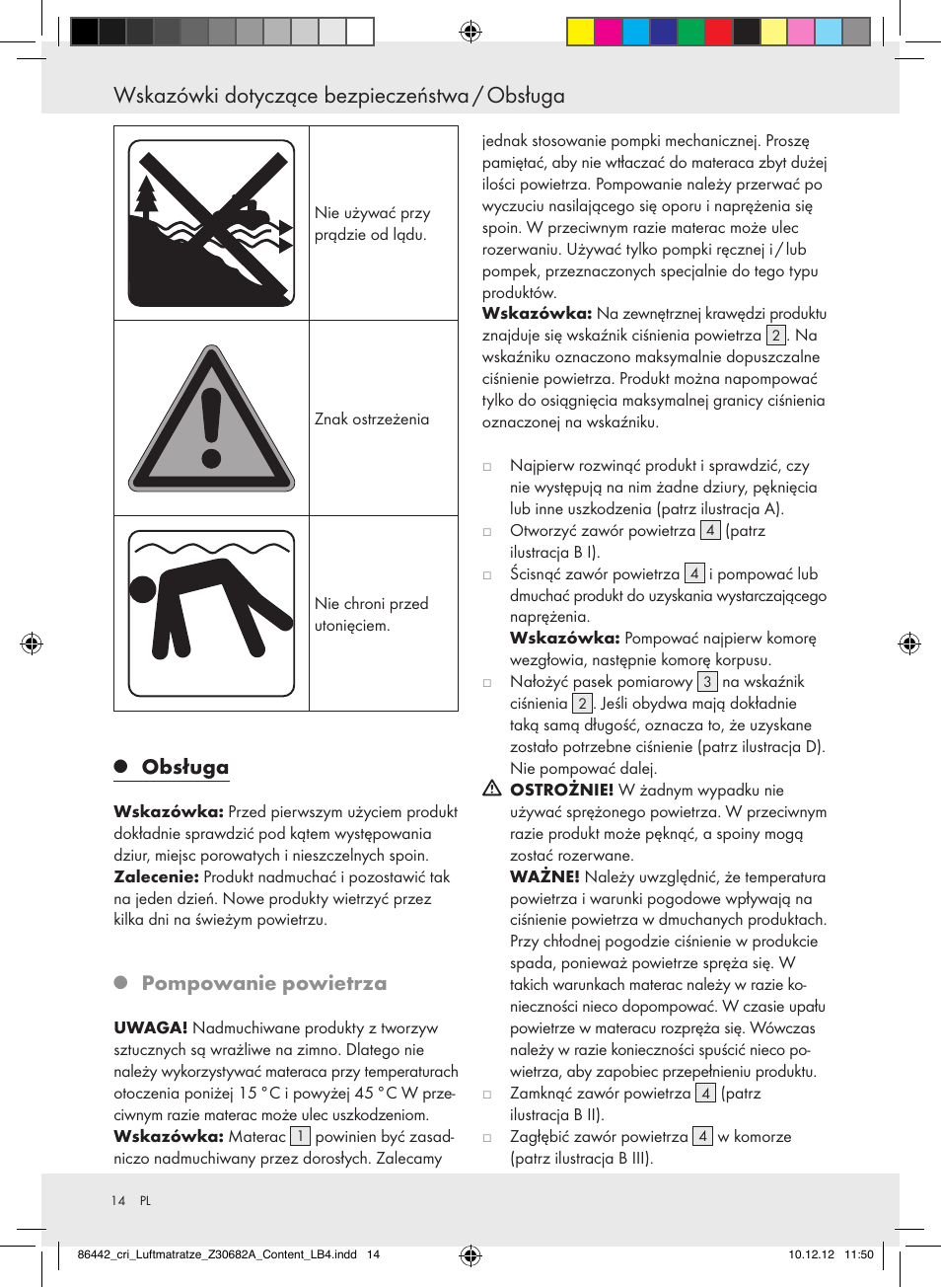 Wskazówki dotyczące bezpieczeństwa / obsługa, Obsługa, Pompowanie powietrza | Crivit Z30682A User Manual | Page 14 / 46