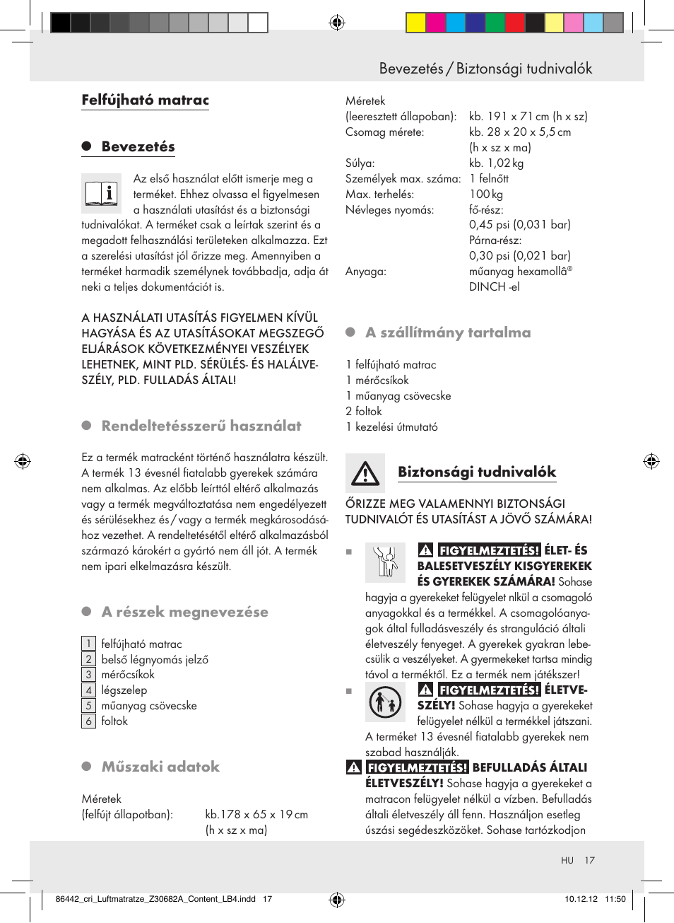Bevezetés / biztonsági tudnivalók, Felfújható matrac, Bevezetés | Rendeltetésszerű használat, A részek megnevezése, Műszaki adatok, A szállítmány tartalma, Biztonsági tudnivalók | Crivit Z30682A User Manual | Page 17 / 46