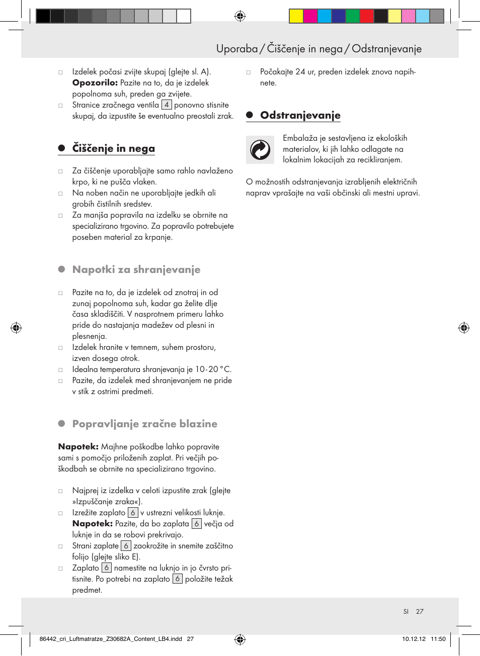 Uporaba / čiščenje in nega / odstranjevanje, Čiščenje in nega, Napotki za shranjevanje | Popravljanje zračne blazine, Odstranjevanje | Crivit Z30682A User Manual | Page 27 / 46
