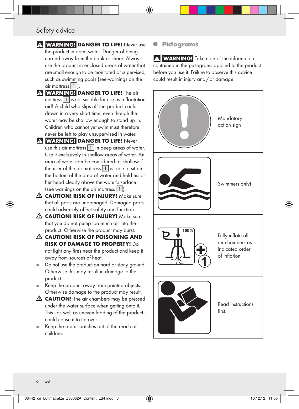 Safety advice, Pictograms | Crivit Z30682A User Manual | Page 6 / 46