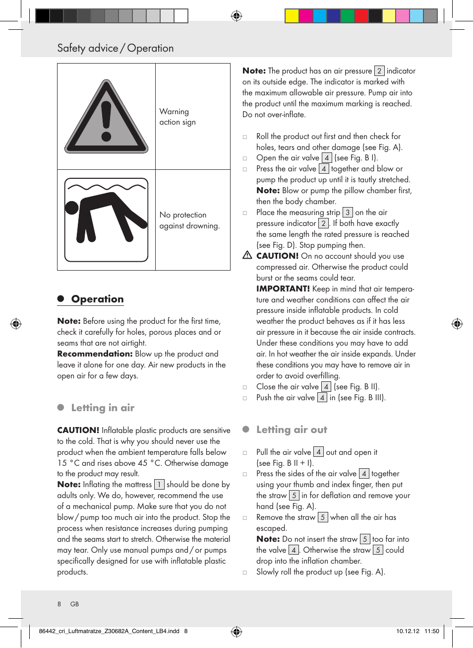 Safety advice / operation, Operation, Letting in air | Letting air out | Crivit Z30682A User Manual | Page 8 / 46