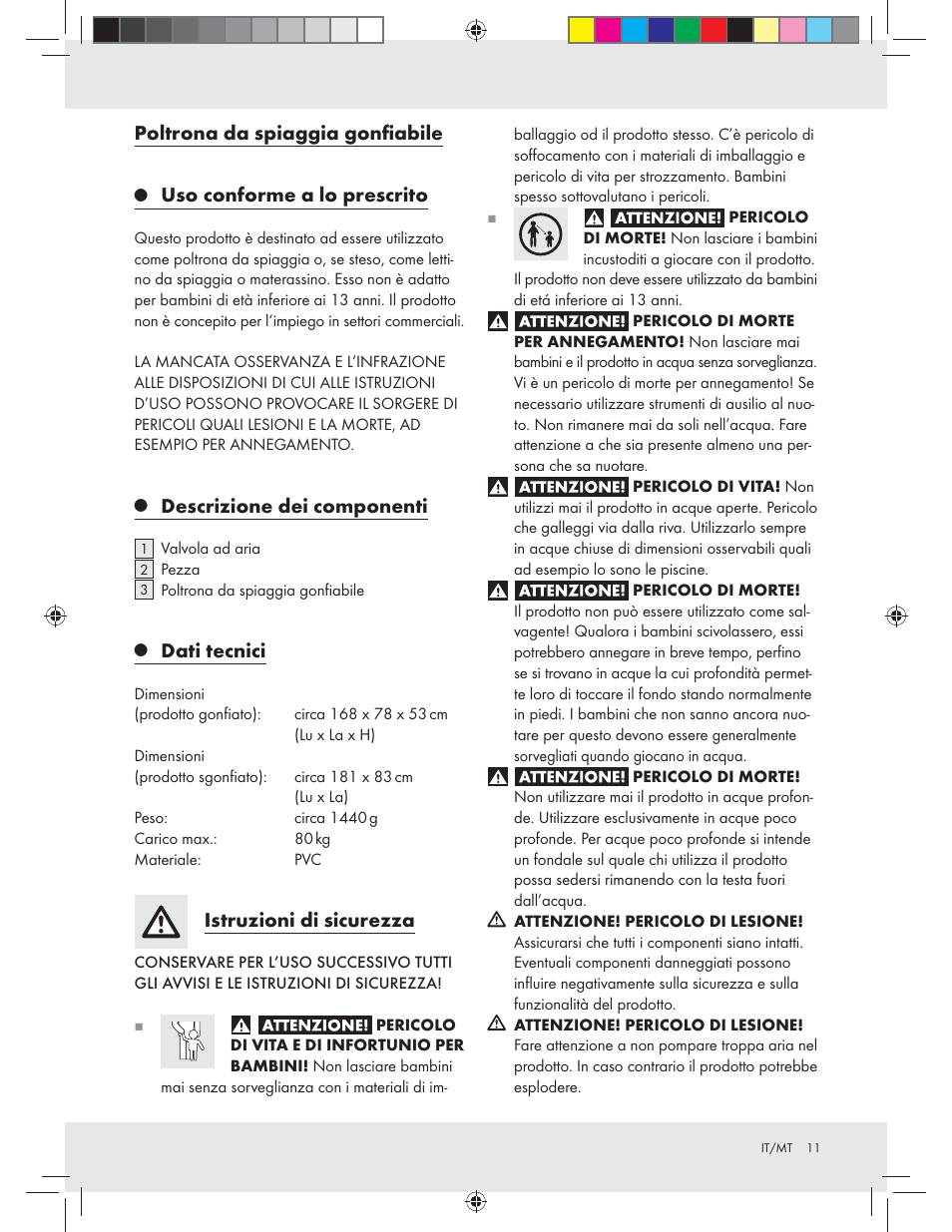 Poltrona da spiaggia gonﬁabile, Uso conforme a lo prescrito, Descrizione dei componenti | Dati tecnici, Istruzioni di sicurezza | Crivit Z31426A_B User Manual | Page 11 / 34