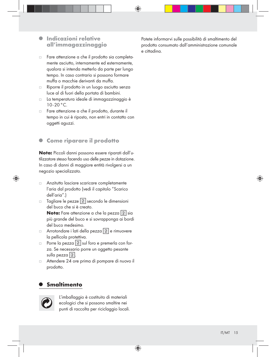 Indicazioni relative all’immagazzinaggio, Come riparare il prodotto, Smaltimento | Crivit Z31426A_B User Manual | Page 15 / 34