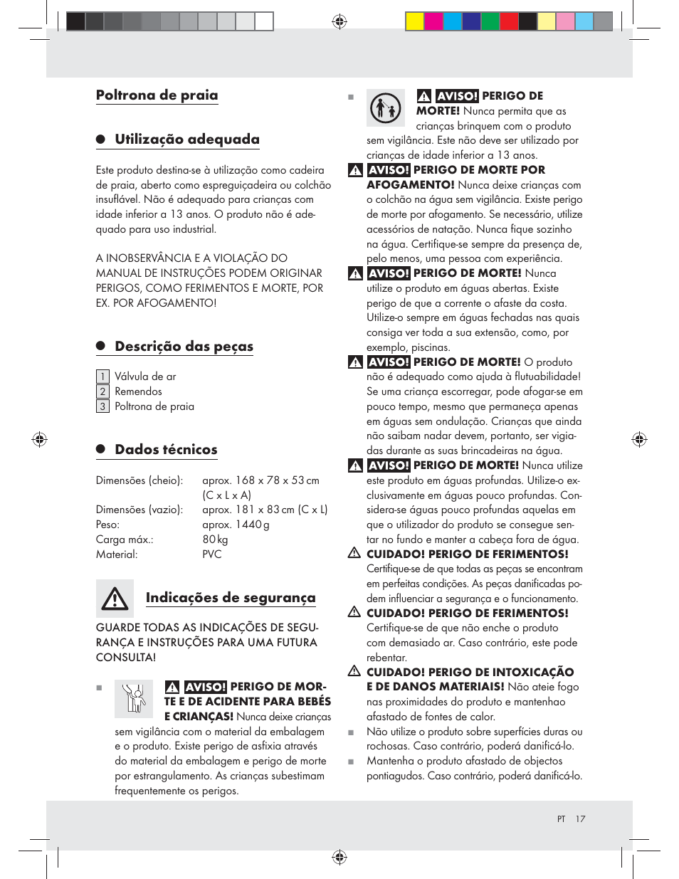 Poltrona de praia, Utilização adequada, Descrição das peças | Dados técnicos, Indicações de segurança | Crivit Z31426A_B User Manual | Page 17 / 34