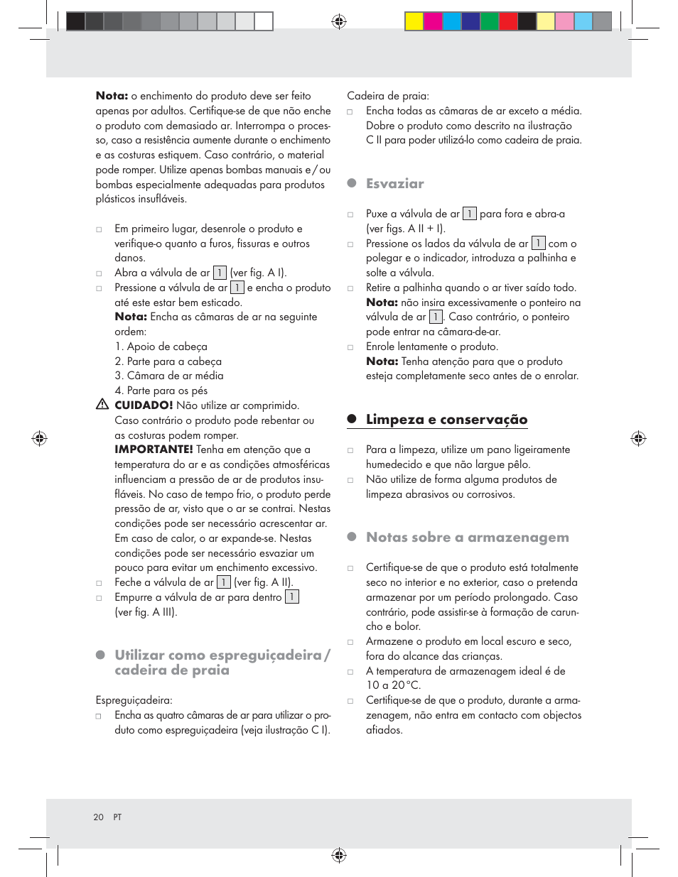 Utilizar como espreguiçadeira / cadeira de praia, Esvaziar, Limpeza e conservação | Notas sobre a armazenagem | Crivit Z31426A_B User Manual | Page 20 / 34