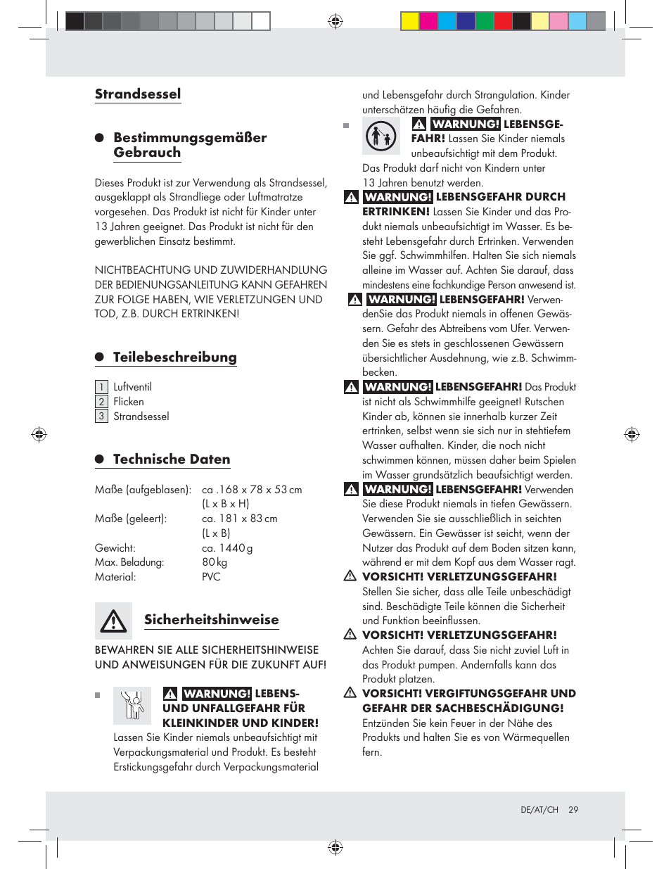 Strandsessel bestimmungsgemäßer gebrauch, Teilebeschreibung, Technische daten | Sicherheitshinweise | Crivit Z31426A_B User Manual | Page 29 / 34